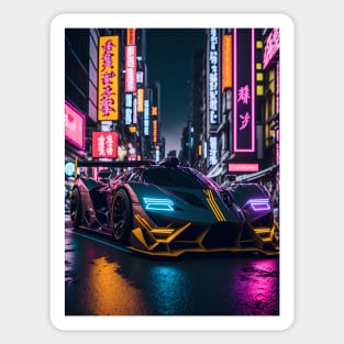 Dark Neon Sports Car in Japanese Neon City Sticker